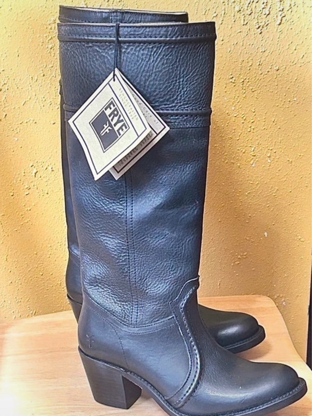 Frye Black Leather Mid-Calf Heeled Boots